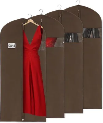 Image de Ensemble de 4 housses pour vêtements Unyqoos® de 60 x 152 cm – en feutre non tissé respirant et sans acide, avec fenêtre transparente et compartiment en PVC pour l'identification, fermeture éclair robuste, couleur marron
