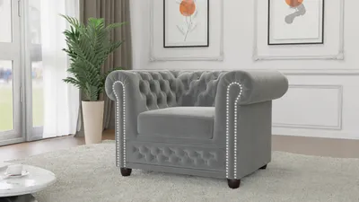 Produktbild von S-STYLE MÖBEL - Nox - Chesterfield Sessel aus Grau Samt-Stoff mit Holzfüßen, B/T/H: 94 cm / 86 cm / 72 cm