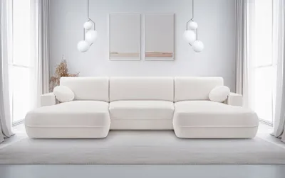 Zdjęcie produktu dla DomoHome FUEGO Narożnik wolnostojący w kształcie litery U - Biały 364x164x87cm - Część dzienna z funkcją spania-304x140cm i pojemnikiem na pościel - Nowoczesna sofa w obiciu z tkaniny Bubble