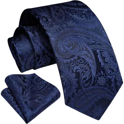 Obrázok produktu pre Sada pánskych kravát a vreckovky s paisley vzorom, jednofarebná, tmavomodrá