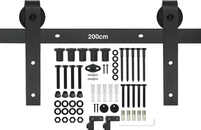 Produktbild von Natural Goods Berlin Schiebetürsystem MODELL J, pulverbeschichtet, 2m oder 4m, Scheunentor, Küchentür, Raumtrenner, Beschlag, Barn Door, Schwarz, Modell "J 200"