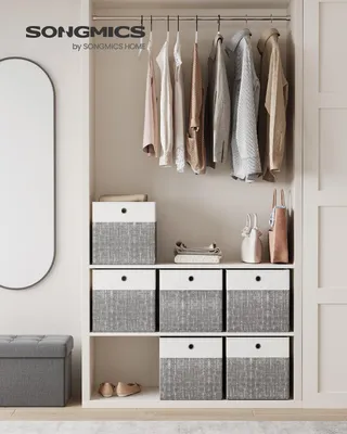 Obrázek produktu pro SONGMICS, úložné koše, sada 6 kusů, skládací textilní boxy s PP deskami, vhodné na poličku, rozměry 33 x 33 x 33 cm, barva: bílá a šedá