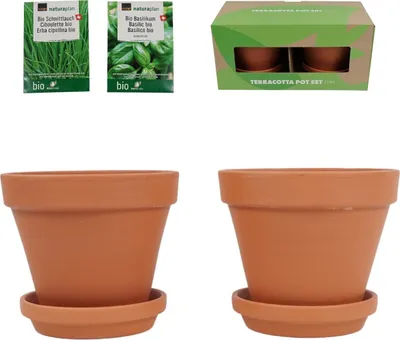 Produktbild von Terrakottatöpfe mit Schnittlauch und Basilikumsamen 13,5 cm | 4 Stück
