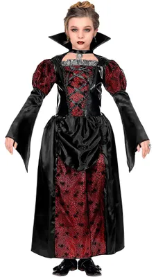 Rot-schwarzes Vampirkleid für Kinder mit Gothic Details, Schnürung, Stehkragen, Puffärmeln und Spinnennetzmuster in Frontansicht.