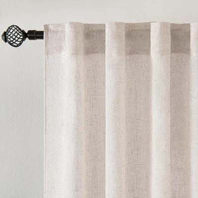 Image de Rideaux avec ruban fronceur - Voile-gardine moderne, aspect lin, semi-transparent, lot de 2, blanc, 215 x 140 cm, pour salon, chambre à coucher, chambre d'enfant, séparateur de pièce, rideau coulissant