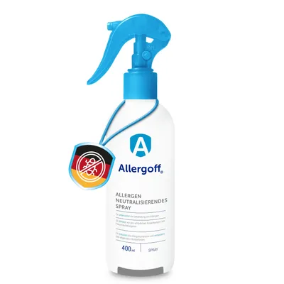A white spray bottle with a blue trigger and cap, featuring product information and a German flag badge with a crossed-out insect symbol.