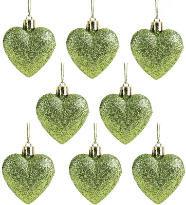 8 herzförmige Christbaumkugeln 60 mm, Glitzer, limettengrün