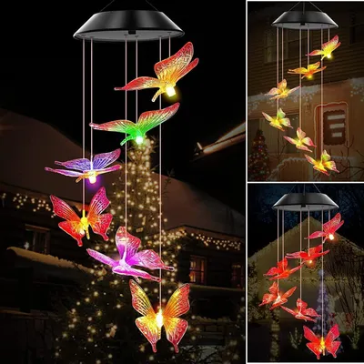 Produktbild von Solarleuchten Windspiele für Draußen,Schmetterling Windspiele Beleuchtung Farbwechsel Solar LED,Hängeleuchte Deko für Terrasse,Garten Party,Baum (Schmetterling-transparent)