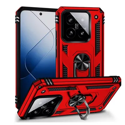 A red phone case with a ring holder is displayed from multiple angles against a white background.