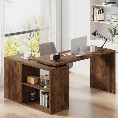 L-förmiger Computertisch mit Regalen, umkehrbar, 55 Zoll, Braun