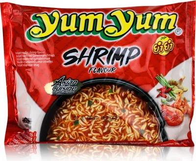 A package of Yum Yum instant noodles with shrimp flavor.