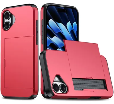 Produktbild von Mobigear Card iPhone 16 Hülle, Hartschalenhülle, Rückseite, stoßfest mit Kartenhalter - Rot