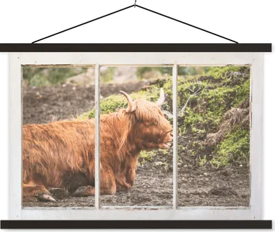 Produktbild von MuchoWow® Textilposter Schottische Hochlandrind - Ansicht - Natur 60x40 cm mit schwarzem Rahmen - Hölzernes