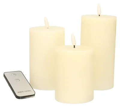 Productafbeelding van 3St Ivoor Kaars Wax Rustiek 3D Lont 7,5X10/12,5/15Cm Afstandsbediening 3X3Aaa Anna's Collection