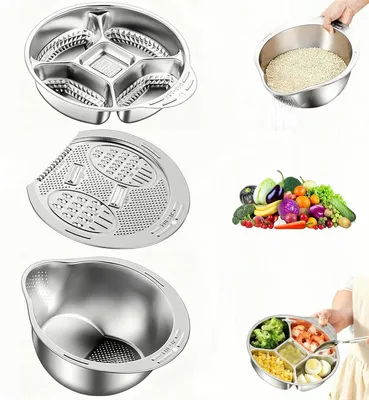 Produktbild von Reiswaschschüssel Edelstahl mit Gemüseeinsatz, kleines Sieb für Reis, Quinoa, Gemüse, Obst und Bohnen