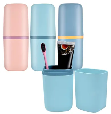 Image de Ensemble de 3 gobelets de voyage, gobelets à dents et porte-brosses à dents, idéal pour le camping, la randonnée ou à la maison. Couleurs : rose, vert, bleu