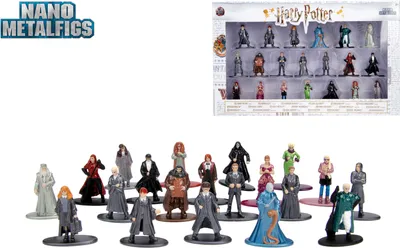 A collection of Harry Potter character figurines displayed in front of their packaging.