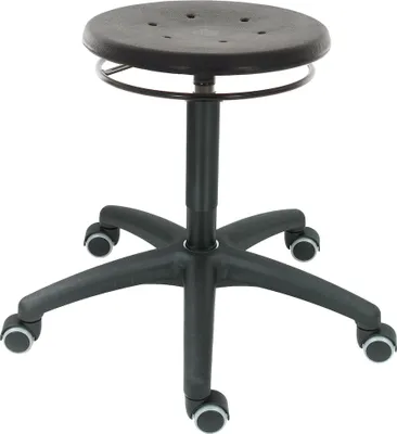Produktbild von Drehhocker Atlanta | Sitzhöhe 42-61cm | Ø 63cm | Tragfähigkeit 110kg | Polyurethane-Sitz | Kunststof-Fußkreuz mit Rollen | Ringauslösung | Schwarz