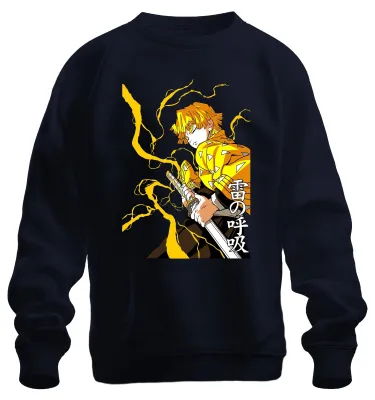 Imagen del producto de Sudadera con cuello redondo, estilo "Pullover", diseño "Zenitsu Kimetsu no Yaiba Blitz Schwert Anime Manga 雷の呼吸", color azul marino, talla M, uni