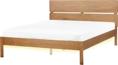 Produktbild von BELIANI Bett Dunkelbraun Gummibaumholz mit LED-Licht Lattenrost 160 x 200 cm Hohes Kopfteil Lamellenoptik Rustikaler Stil Schlafzimmer Doppelbett