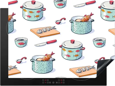 Produktbild von KitchenYeah© Herdabdeckplatte Muster - Kochen - Fisch - Pfanne , 71x52cm, Küche Deko, Glaskeramikkochfeld Herdabdeckung, Abdeckplatte fùr Kochfeld