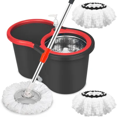 Immagine prodotto di Set per la pulizia dei pavimenti, con set di 3 testine di ricambio, mop girevole e secchio, mop girevole a 360° con testina di pulizia "hands-free"