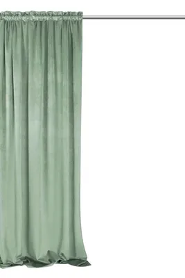 A green velvet curtain hanging from a rod against a white background.