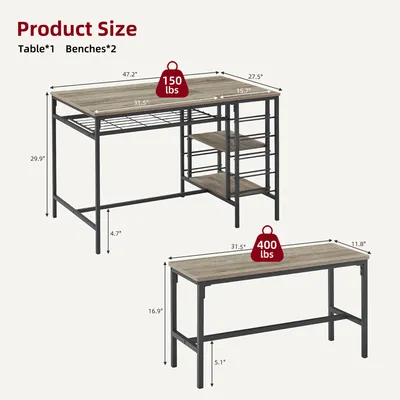 Imagen del producto de Conjunto de comedor: mesa con 2 bancos y estantería para vinos, 120x70 cm, diseño que ahorra espacio, color gris