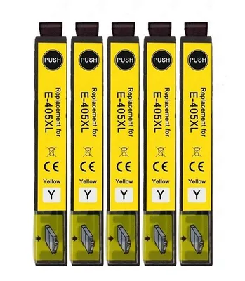 Five yellow ink cartridges are lined up against a white background.