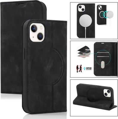 Produktbild von MagSafe Handy Tasche für Apple iPhone 13 Handy Hülle Schutzhülle Wallet mit Kartenfächer und Aufstellfunktion Klapphülle Flip Cover Case Farbe: Schwarz