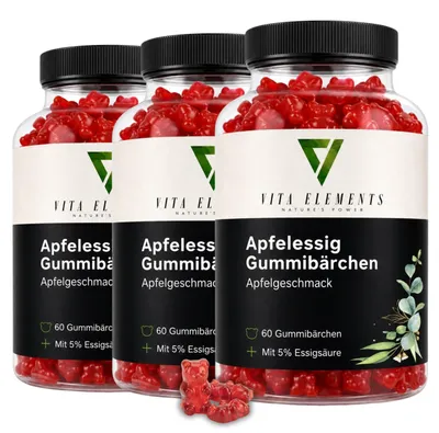 Obrázok produktu pre Vita Elements Gumové cukríky s jablčným octom Sada 3 ks 60 ks Jablčný Ocot Vitamín B12 Výživový Doplnok