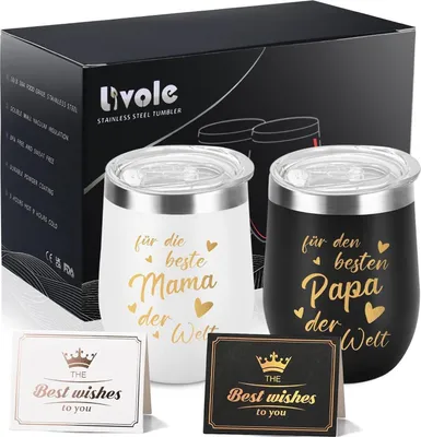 Produktbild von Livole Mama Papa Tasse 350ml Edelstahl Thermobecher to go 2 Stück Schwarz Weiß 12oz