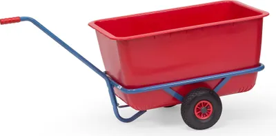 A red wheelbarrow with blue handles and frame, on a white background.
