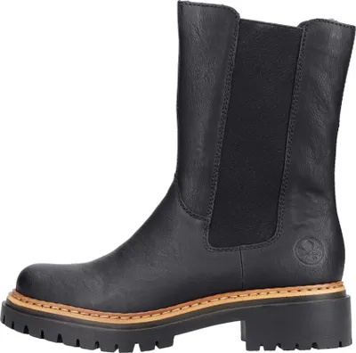 A side view of a black leather Chelsea boot with elasticated sides and a thick sole.