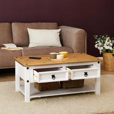 Produktbild von Couchtisch CAMPO im Mexiko-Stil Wohnzimmertisch Beistelltisch Kiefer massiv, braun/weiß lackiert mit 2 Schublade