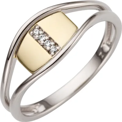 Produktbild von Gr. 58 Damen Ring 585 Gold Weißgold Gelbgold bicolor 4 Diamanten Brillanten