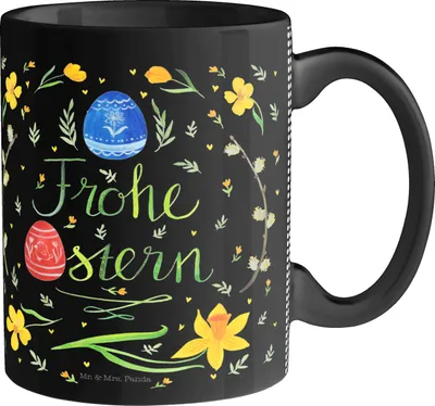 Produktbild von Mr. & Mrs. Panda Tasse Ostern Frohe Ostern - Schwarz - Geschenk, Ostergeschenke Kinder, Trinkbecher, Pott, Osterblume, Osterei, Kaffeetasse, Ostergrüße, Kaffeebecher