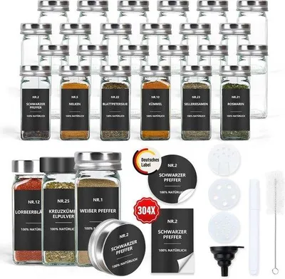 Obrázek produktu pro Skleněné dózy na bylinky 120 ml, sada 24 kusů – s etiketami a sypátkem – voděodolné etikety do kuchyňské zásuvky – zásoba bylinek Skleněné dózy na bylinky
