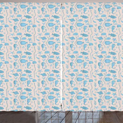 Produktbild von ARANDE Nautisch Gardine, Meer Pflanzen Seepferde Fische Muscheln und Korallen-Muster, 280 x 245 cm, Eierschalenfarben Himmelblau