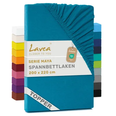Zdjęcie produktu dla Lavea® Prześcieradło na materac z dodatkową warstwą, 200x220 cm, kolekcja Maya, 100% bawełna dżersej – Miękkie prześcieradło na materac z dodatkową warstwą, pasujące do materacy o grubości do 10 cm – kolor turkusowy