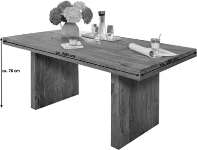 A wooden dining table with a vase of flowers and glasses on it, with dimensions indicated.