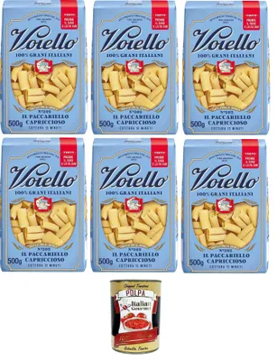 Produktbild von Voiello Il Paccariello Capriccioso Nr. 202 – 100% Italienischer Weizen, Bronzegezogen, Premium Pasta aus Gragnano, 6x500 g+ Italian Gourmet polpa 400g