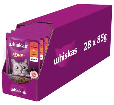 Produktbild von Whiskas Adult 28x85g Nassfutter für ausgewachsene Katzen Stückchen mit Rind und Geflügel in Gelee