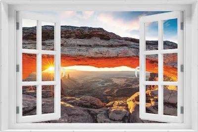 Produktbild von Wallario Wandbild mit Fenster-Illusion: Sonnenstrahl am Horizont  Leuchtende Felsspalte, Größe: 61 x 91,5 cm, Poster mit rahmenlosen Bildhalter