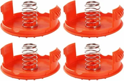 Produktbild von Packung mit 4 Spulenkappen + 4 Ersatzfedern, kompatibel mit BLACK+DECKER RC-100-P Rasentrimmern