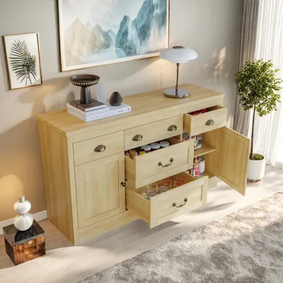 Produktbild von UnboxG Sideboard 135×39,8×80 cm Natur, Küchen- & Esszimmer Schrank mit 5 Schubladen & 2 Türen, Stauraum- & Aufbewahrungsmöbel aus Holz, Modernes Design