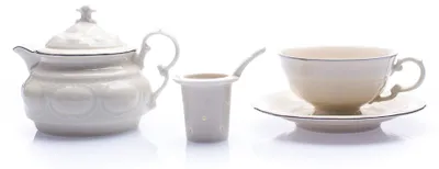 Produktbild von Tasse mit Teekanne, tschechisches Porzellan, Elfenbein, Platinlinie, 0,2 l und 0,4 l, Leander