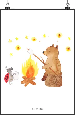 Produktbild von Mr. & Mrs. Panda Bild Bär & Marienkäfer Lagerfeuer DIN A2 - Weiß - Geschenk, drucke, kunstdruck poster, Wandbild, Teddy, wanddeko