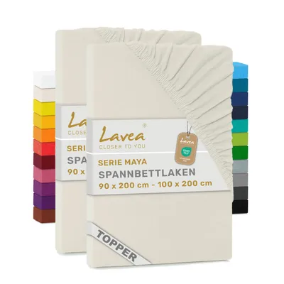 Produktbild von Lavea® 2er Pack Topper Spannbettlaken 90/100x200 cm, Bettlaken aus 100% Baumwolle Jersey – Für Topper bis 12 cm Höhe – Weich, Creme Naturweiß