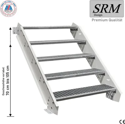 Produktbild von 5 Stufen Stahltreppe Weiß Breite 70 cm Geschosshöhe 70 - 105 cm ohne Geländer